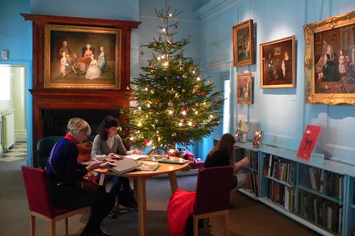 The reading room decorated for Christmas