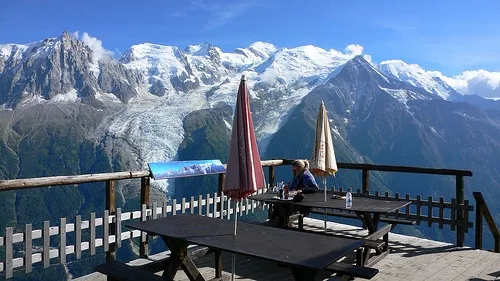 On the terrace at Refuge de Bellechat nr Chamonix