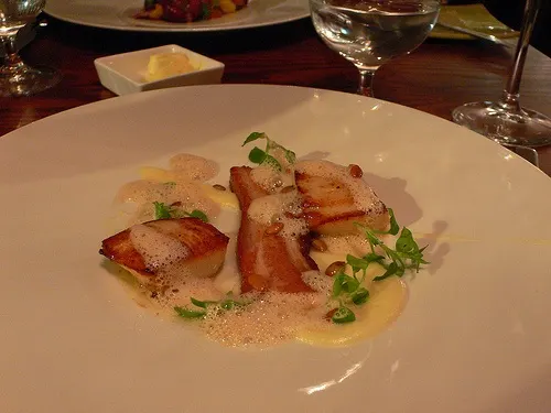 Seared scallops at the Waterside Brasserie, Arden Hotel, Stratford upon Avon