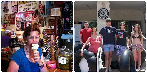 Left: Ice Cream in Gruene Right: Tubing at Rockin R, Gruene Photo: Heatheronhertravels.com