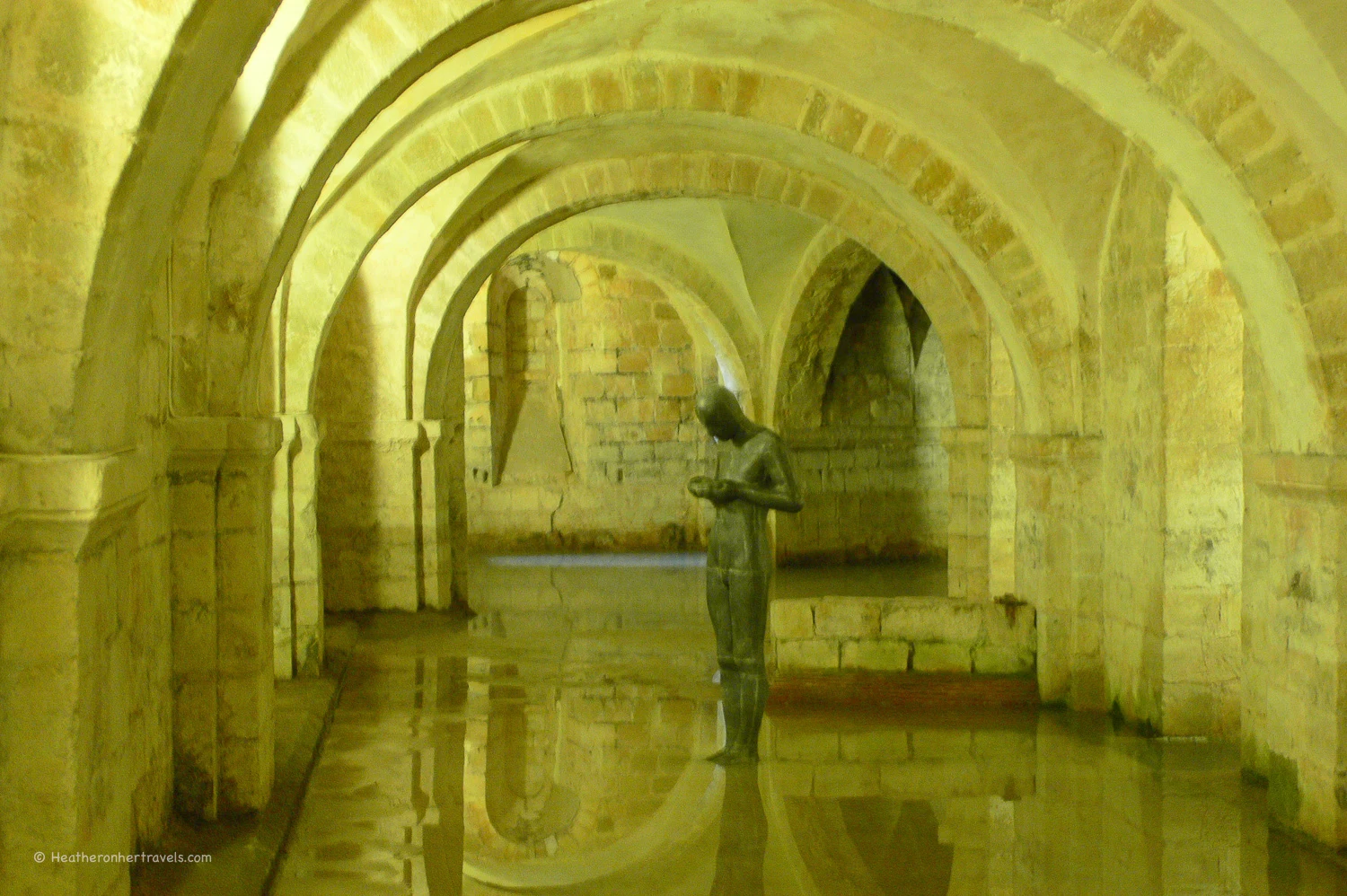 Crypt at Winchester Cathedral with Antony Gormley sculpture Sound II Photo: Heatheronhertravels.com