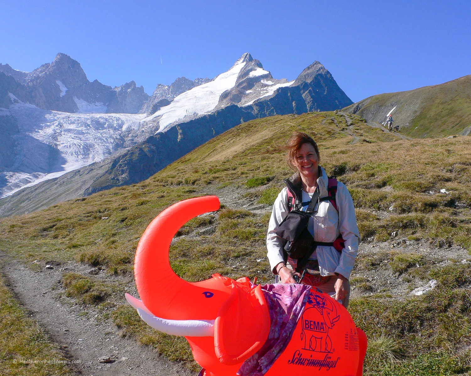 Hannibal the elephant on the Grand Col Ferret on the Tour de Mont Blanc