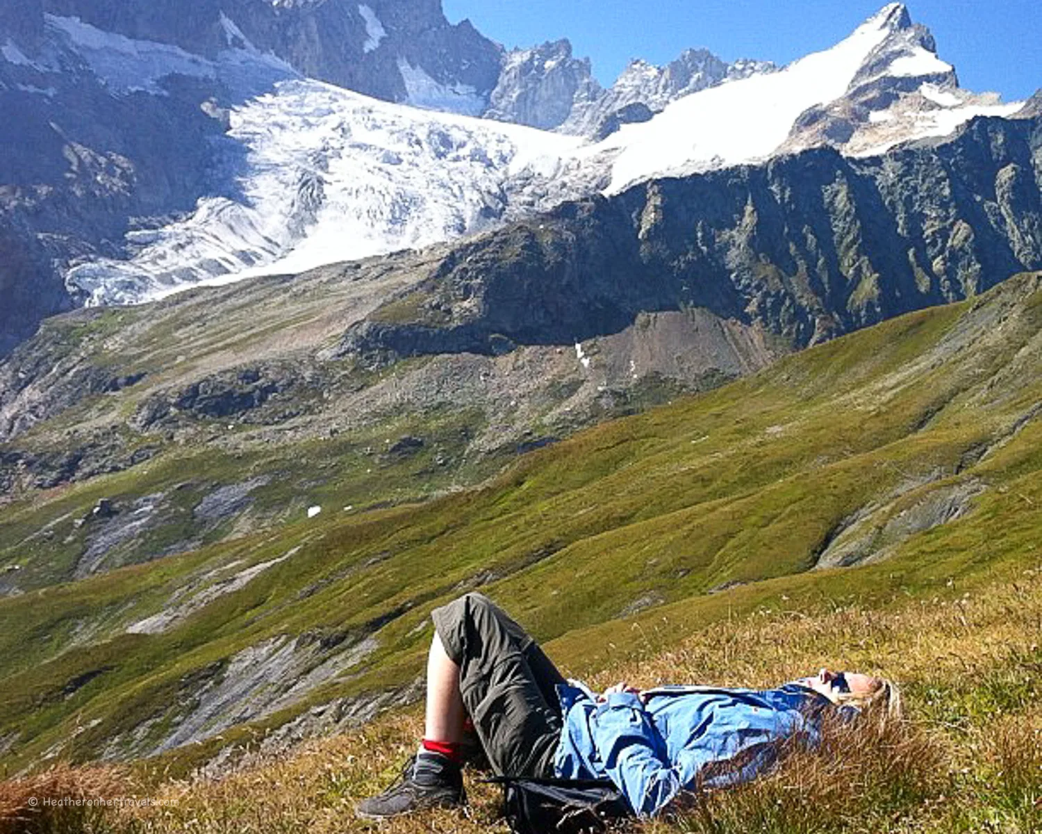 My friend Julia takes a break on the Grand Col Ferret 2537m