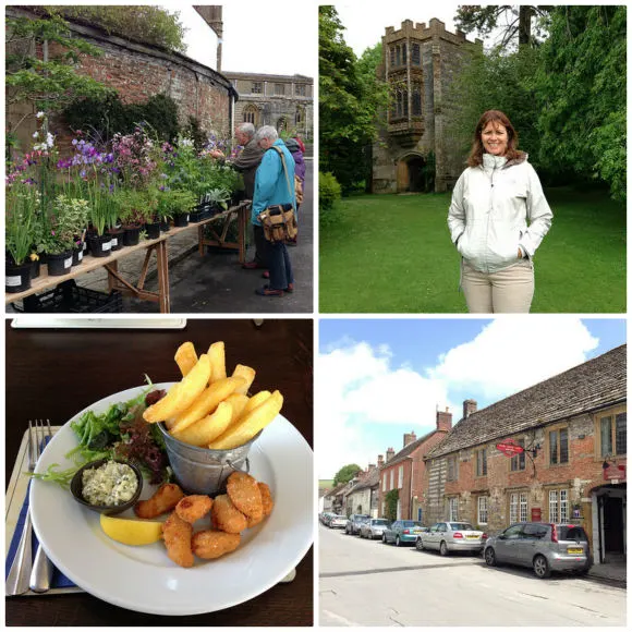 Cerne Abbas, Dorset - Clockwise from top left; Plants on sale for Gardens open day, Cerne Abbey, The New Inn, Scampi and chips at the New Inn Photo: Heatheronhertravels.com