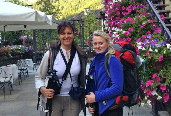 Setting off on the tour de Mont Blanc outside Hotel Villa Novecento, Courmayeur