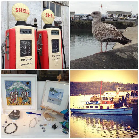 Top Left: Vintage petrol pumps in St Mawes, Top Right: Hungry seagull eyes up our Cornish Pasty, Bottom Right: The St Mawes Ferry to Falmouth, Bottom Left: Waterside Gallery in St Mawes Photo: Heatheronhertravels.com