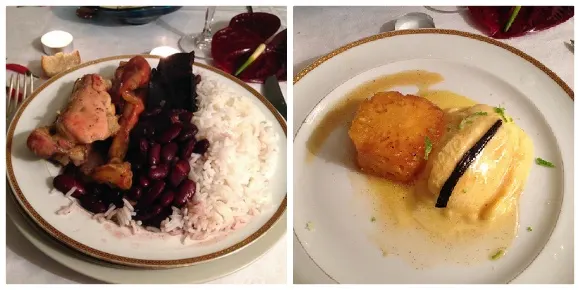 Left: Creole style chicken with rice and beans, Right: Cooked pineapple with mango ice cream Photo: Heatheronhertravels.com