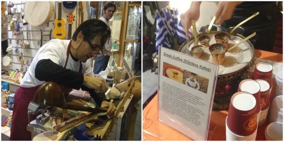 Left: Bouzouki maker at Pegasus musical instrument workshop Right: Greek Coffee Photos Heatheronhertravels.com