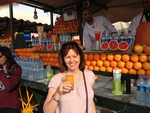 Trying an orange juice in Jemaa el Fnaa, Marrakech Photo: Heatheronhertravels.com