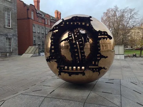 Sphere within a Sphere by Arnaldo Pomodor at Trinity College, Dublin Photo: Heatheronhertravels.com