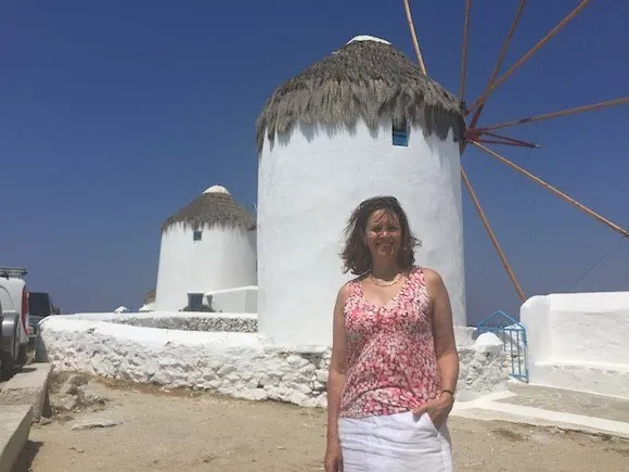 Heather at the Windmills of Mykonos, Greece Photo: Heatheronhertravels.com