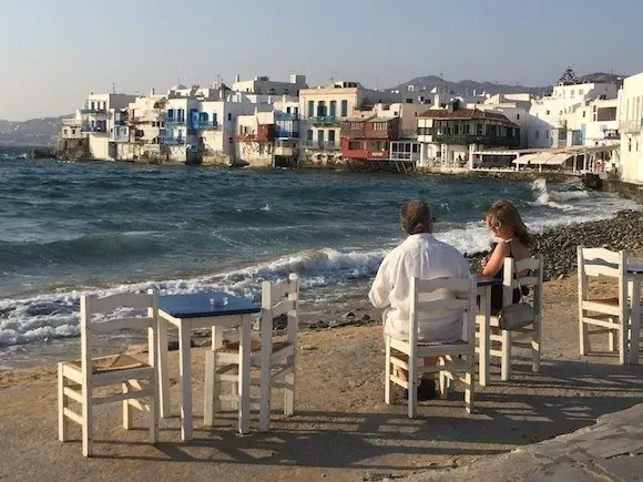 Evening View of Little Venice in Mykonos, Greece Photo: Heatheronhertravels.com