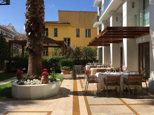 Garden terrace at Electra Palace Hotel in Athens Photo: Heatheronhertravels.com