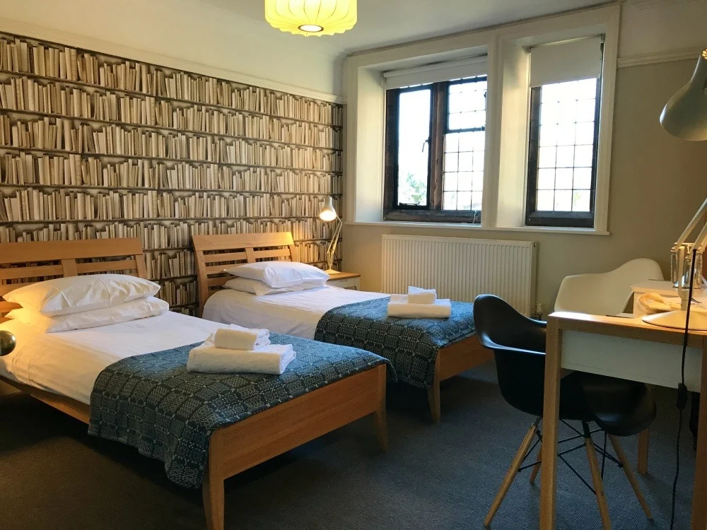 Bedroom in Gladstones Library in North East Wales Photo Heatheronhertravels.com