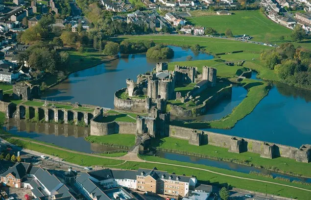 Aerial view Caerphilly Castle Photo Cadwr