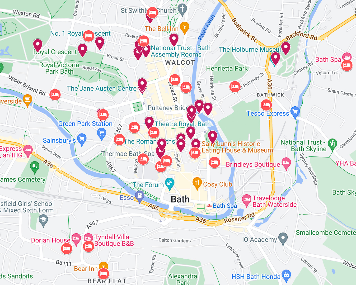 Map of Bath accommodation by Heatheronhertravels.com