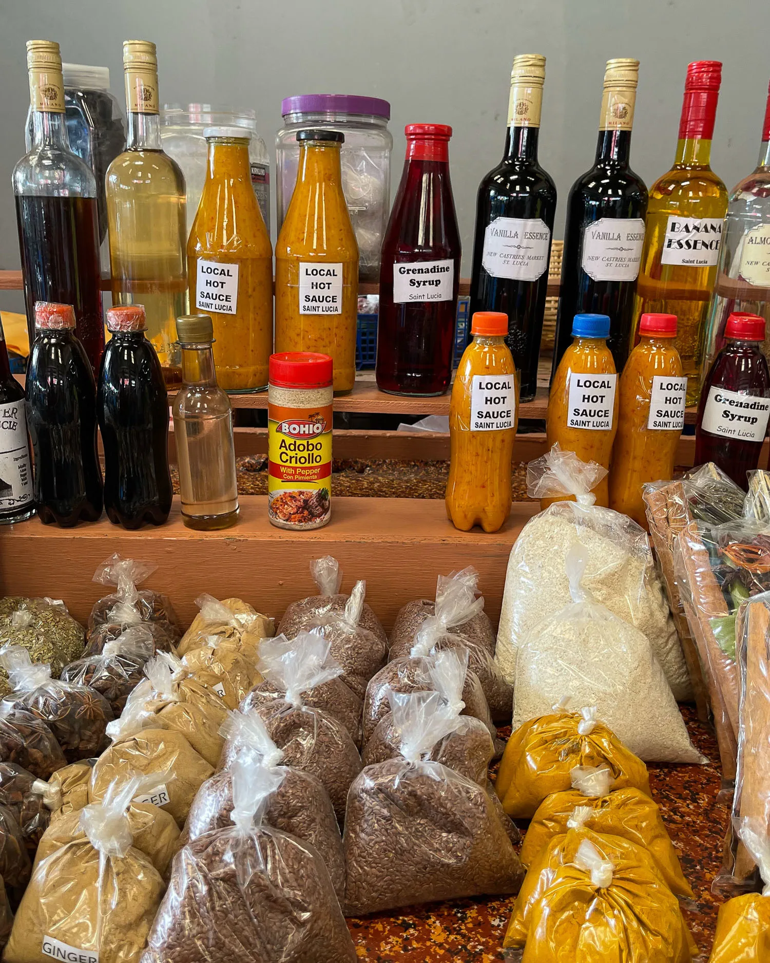 Spices and sauces in Castries Market Photo Heatheronhertravels.c