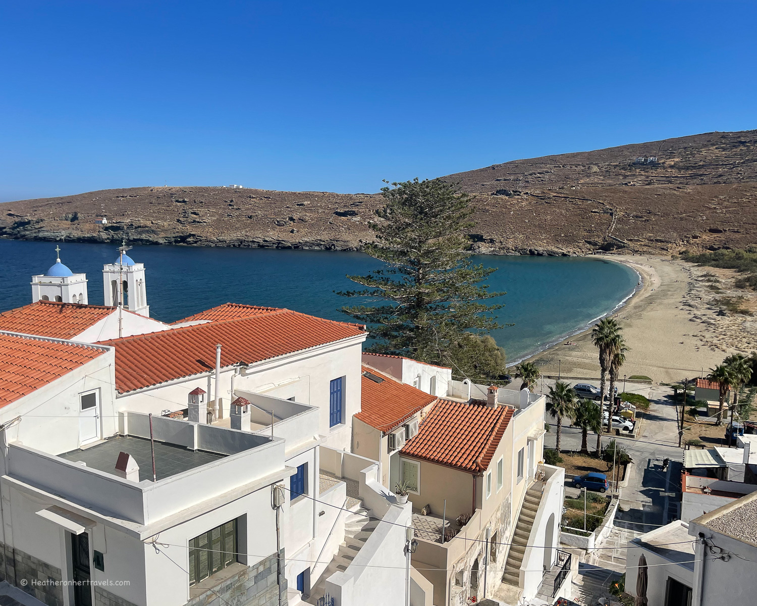 View of Paraporti beach from Chora - Hiking in Andros Greece Photo © Heatheronhertravels.com